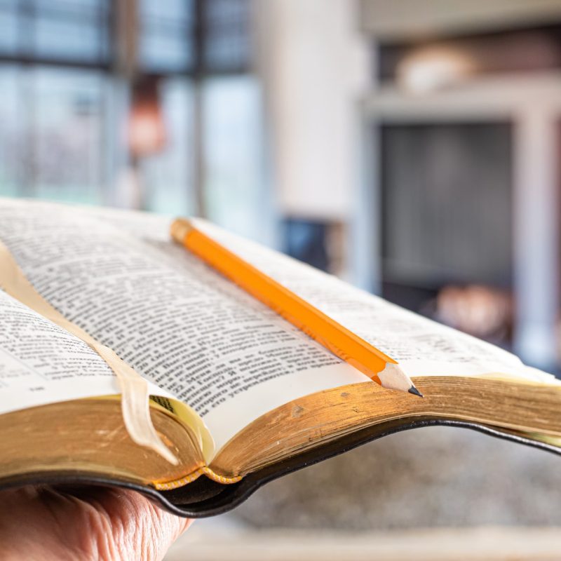 A man holds a Bible with a pencil, against the background of the living room.